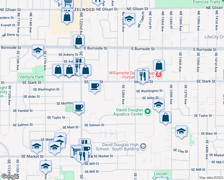 map of restaurants, bars, coffee shops, grocery stores, and more near 12640 Southeast Stark Street in Portland
