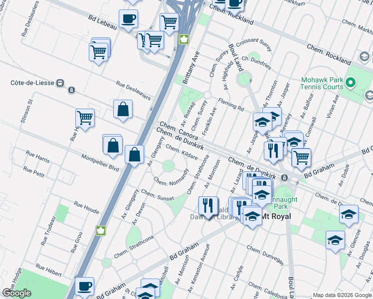 map of restaurants, bars, coffee shops, grocery stores, and more near 2075 Chemin Kildare in Mont-Royal