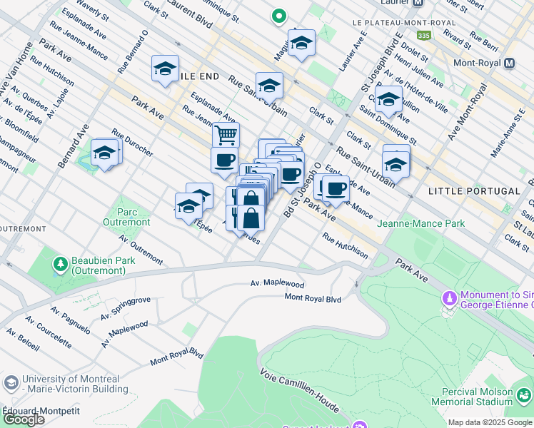 map of restaurants, bars, coffee shops, grocery stores, and more near in Montreal
