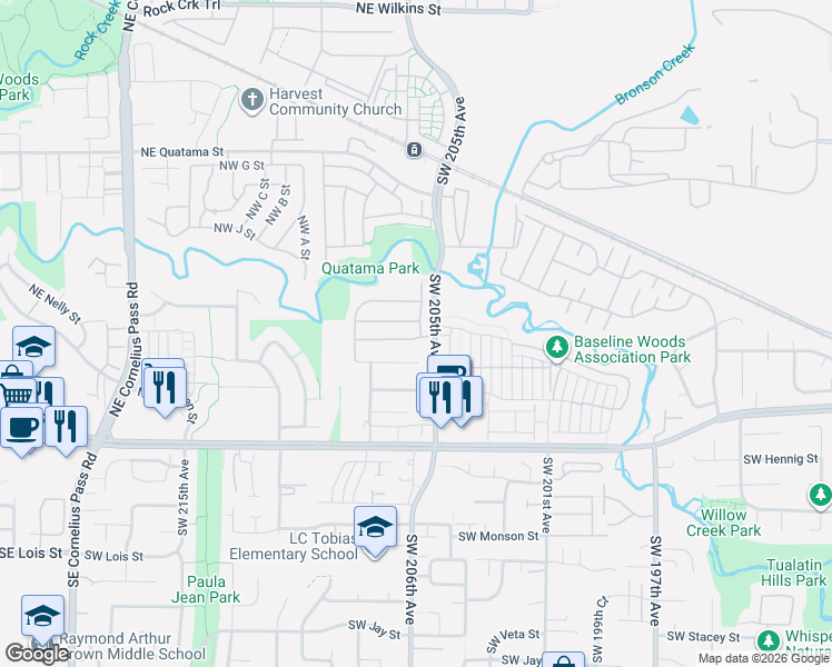 map of restaurants, bars, coffee shops, grocery stores, and more near 20615 Southwest Gracie Street in Beaverton