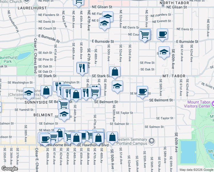 map of restaurants, bars, coffee shops, grocery stores, and more near 715 Southeast 49th Avenue in Portland