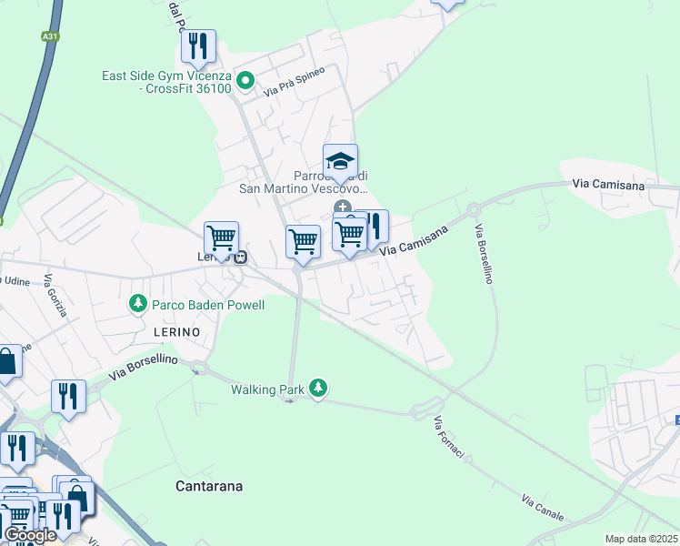 map of restaurants, bars, coffee shops, grocery stores, and more near 268 Via Camisana in Torri di Quartesolo