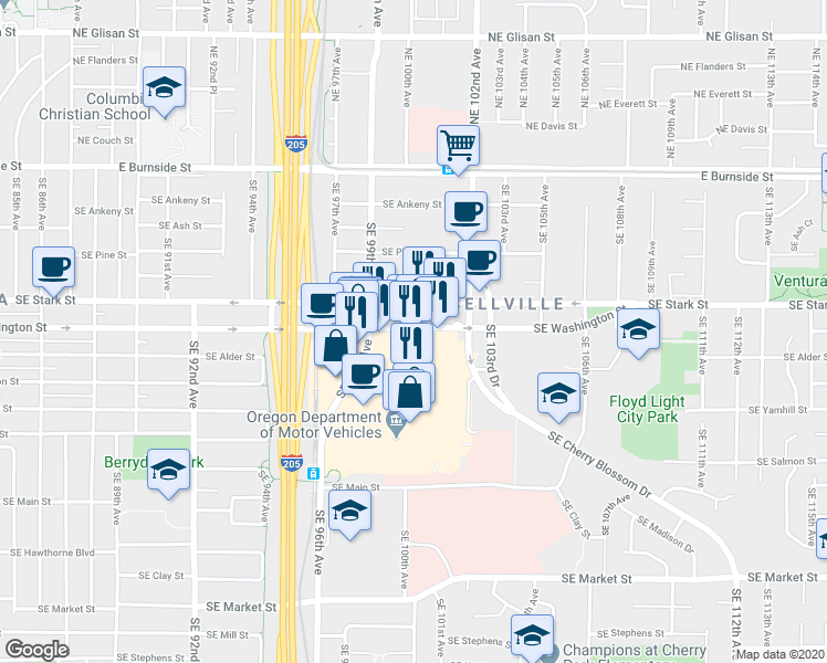 map of restaurants, bars, coffee shops, grocery stores, and more near 9970 Southeast Washington Street in Portland