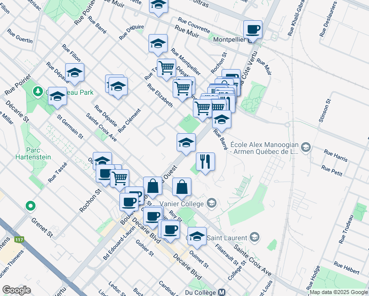 map of restaurants, bars, coffee shops, grocery stores, and more near 1035 Boulevard de la Côte Vertu in Montréal