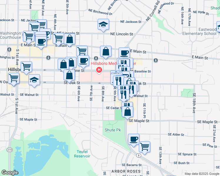 map of restaurants, bars, coffee shops, grocery stores, and more near in Hillsboro