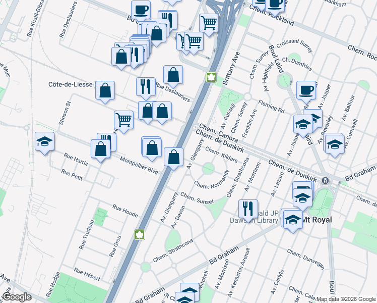 map of restaurants, bars, coffee shops, grocery stores, and more near 75 Avenue Glengarry in Mont-Royal
