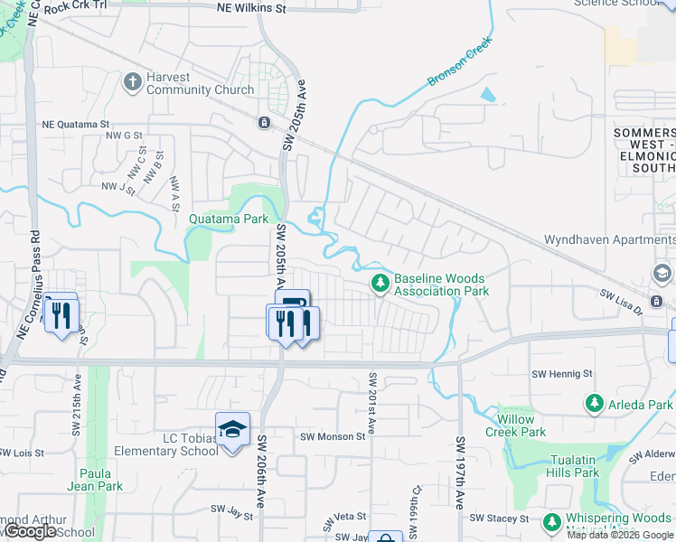 map of restaurants, bars, coffee shops, grocery stores, and more near 20269 Southwest Gracie Street in Beaverton