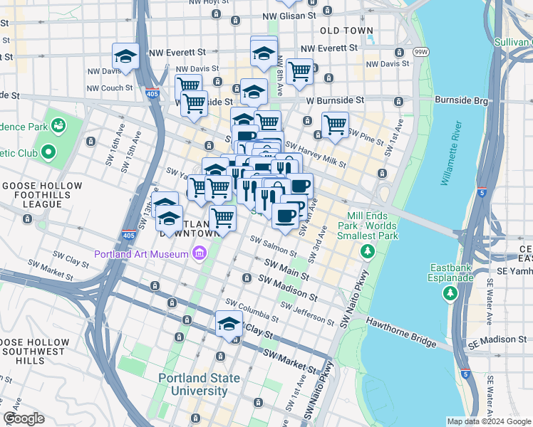 map of restaurants, bars, coffee shops, grocery stores, and more near in Portland