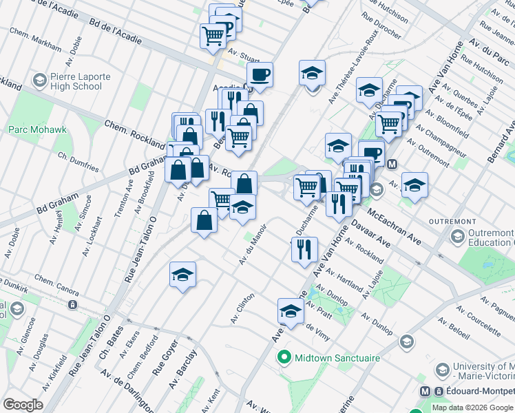 map of restaurants, bars, coffee shops, grocery stores, and more near in Montreal