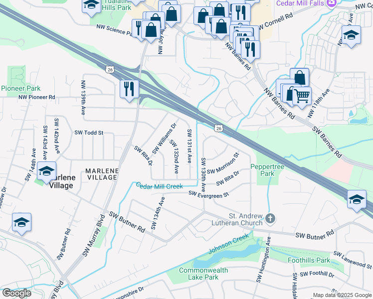 map of restaurants, bars, coffee shops, grocery stores, and more near 110 Southwest 131st Avenue in Beaverton