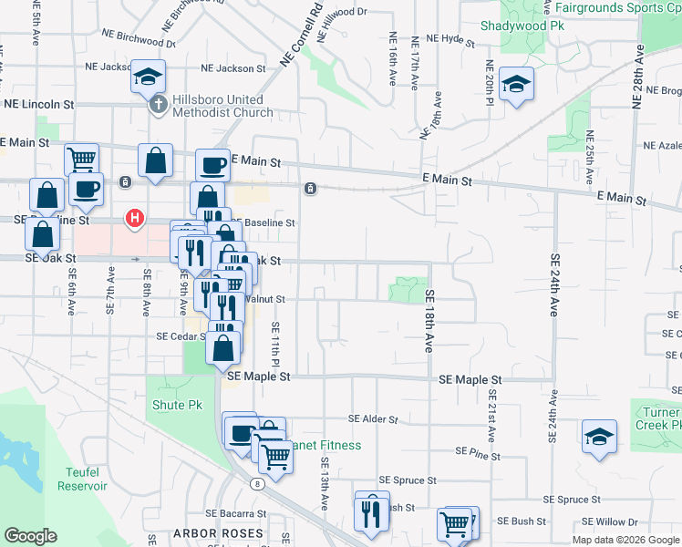 map of restaurants, bars, coffee shops, grocery stores, and more near 1412 Southeast Oak Street in Hillsboro