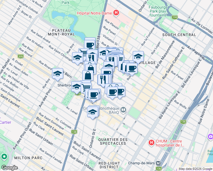 map of restaurants, bars, coffee shops, grocery stores, and more near 815 Rue Ontario Est in Montréal