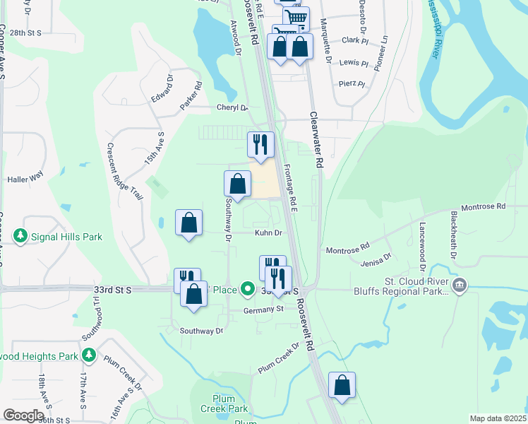 map of restaurants, bars, coffee shops, grocery stores, and more near 1160 Suncrest Drive in St. Cloud