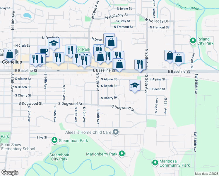 map of restaurants, bars, coffee shops, grocery stores, and more near 2193 South Alpine Street in Cornelius