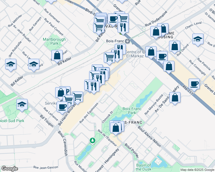map of restaurants, bars, coffee shops, grocery stores, and more near in Montreal