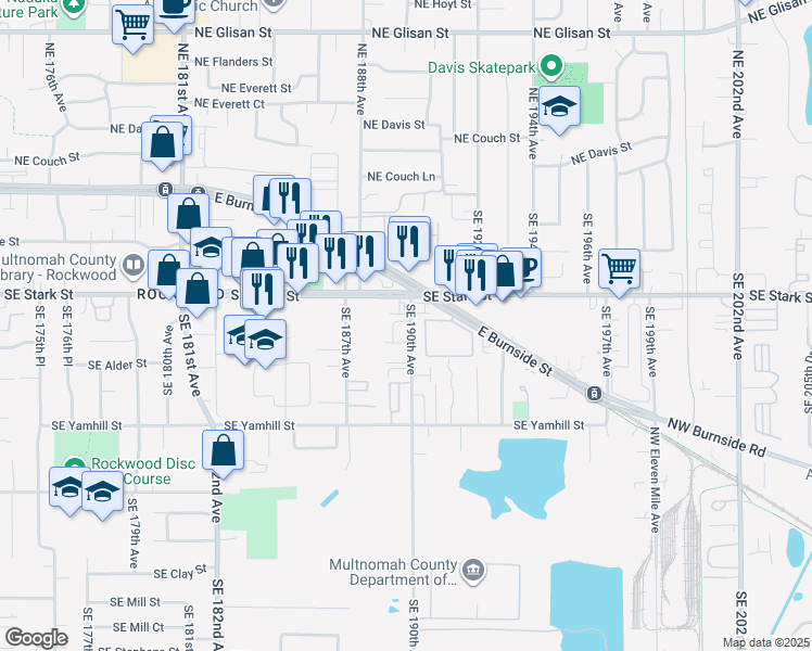 map of restaurants, bars, coffee shops, grocery stores, and more near 18836 Southeast Stark Street in Portland