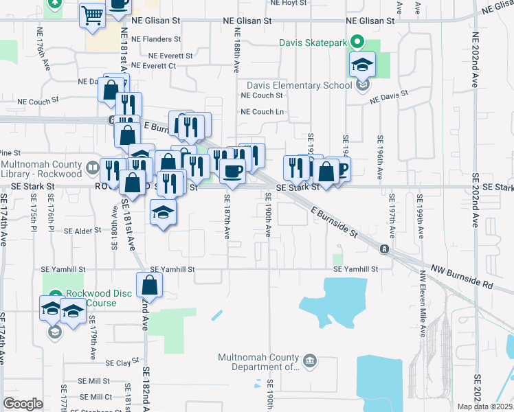 map of restaurants, bars, coffee shops, grocery stores, and more near 18836 Southeast Stark Street in Portland