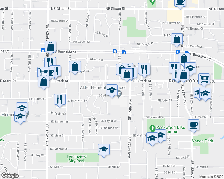 map of restaurants, bars, coffee shops, grocery stores, and more near 17200 Southeast Stark Street in Portland