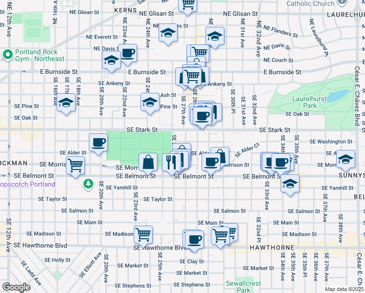map of restaurants, bars, coffee shops, grocery stores, and more near 515 Southeast 27th Avenue in Portland