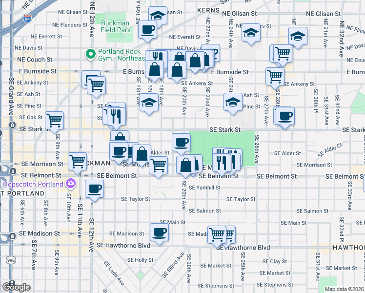 map of restaurants, bars, coffee shops, grocery stores, and more near 519 Southeast 20th Avenue in Portland