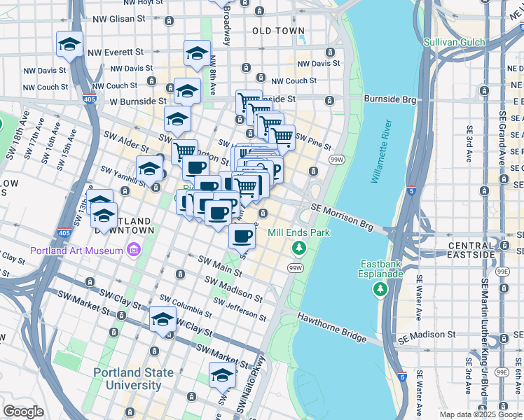 map of restaurants, bars, coffee shops, grocery stores, and more near 320 Southwest Alder Street in Portland