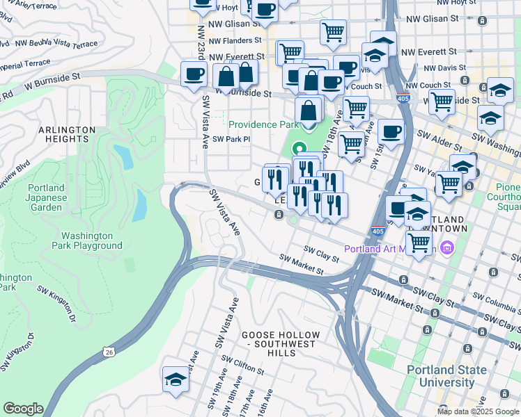 map of restaurants, bars, coffee shops, grocery stores, and more near 2001 Southwest Jefferson Street in Portland