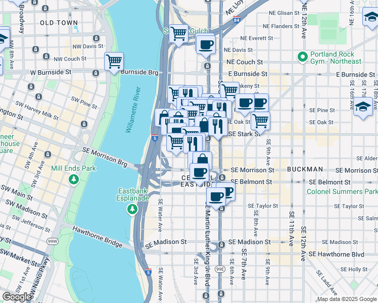 map of restaurants, bars, coffee shops, grocery stores, and more near 107 Southeast Washington Street in Portland