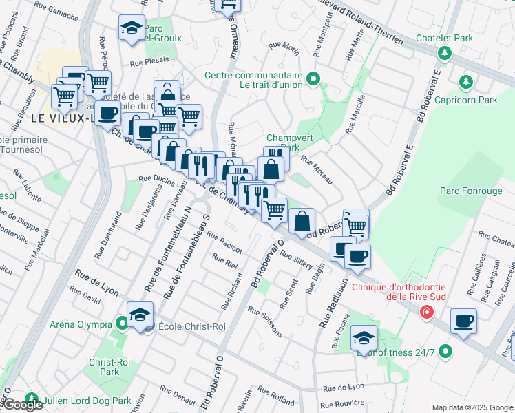 map of restaurants, bars, coffee shops, grocery stores, and more near 3109 Chemin de Chambly in Longueuil