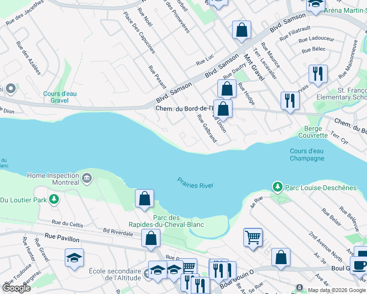 map of restaurants, bars, coffee shops, grocery stores, and more near 641 Place de l'Eau Vive in Laval
