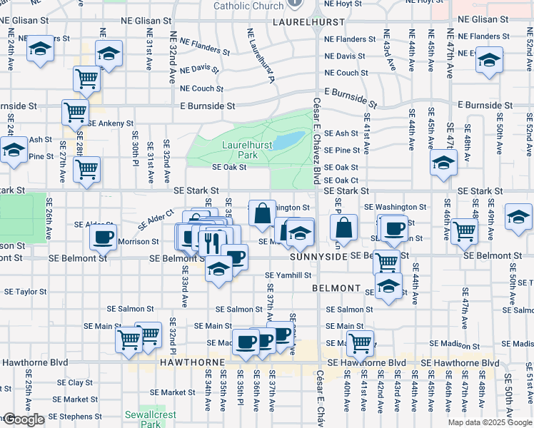 map of restaurants, bars, coffee shops, grocery stores, and more near 615 Southeast 37th Avenue in Portland