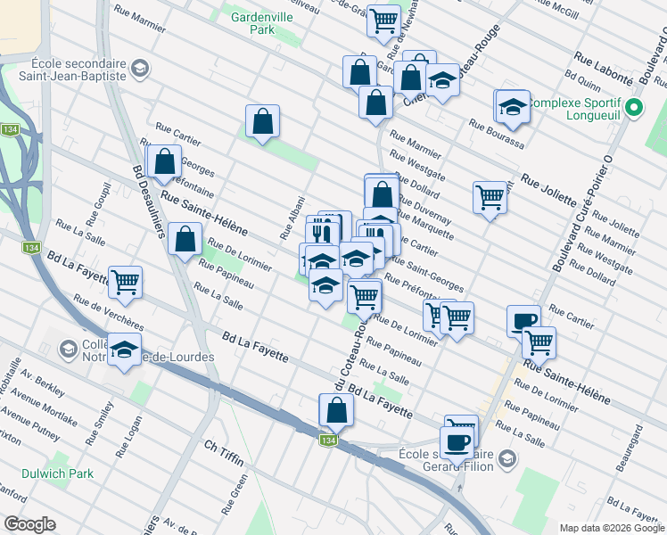 map of restaurants, bars, coffee shops, grocery stores, and more near 1144 Rue Saint-Édouard in Longueuil