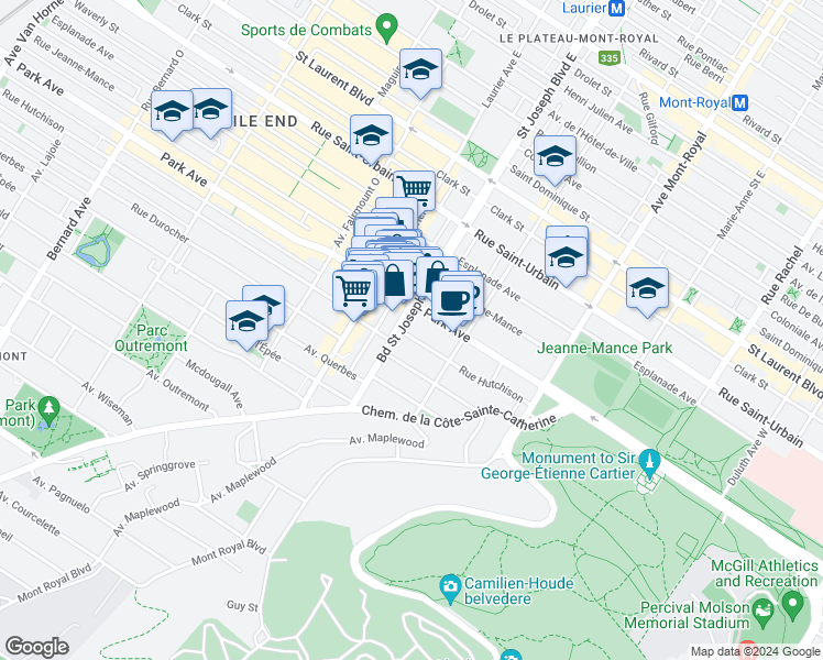 map of restaurants, bars, coffee shops, grocery stores, and more near 4895 Rue Hutchison in Montreal