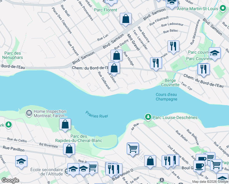 map of restaurants, bars, coffee shops, grocery stores, and more near 728 Rue Galbrand in Laval