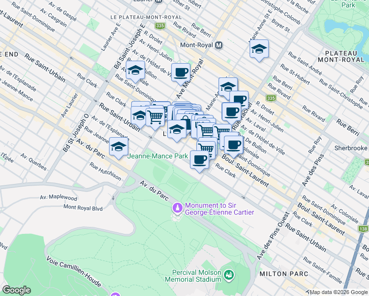 map of restaurants, bars, coffee shops, grocery stores, and more near 64 Rue Marie-Anne Ouest in Montréal