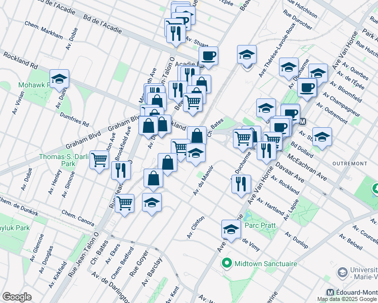 map of restaurants, bars, coffee shops, grocery stores, and more near in Montreal