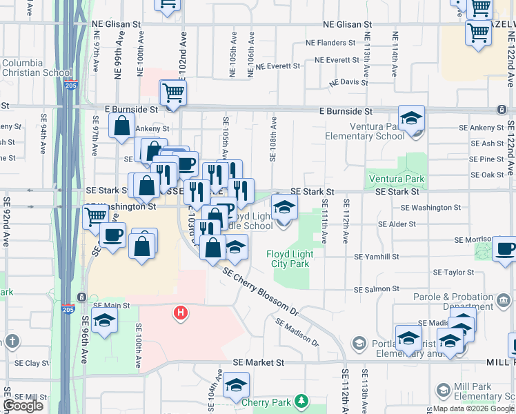 map of restaurants, bars, coffee shops, grocery stores, and more near 10735 Southeast Stark Street in Portland