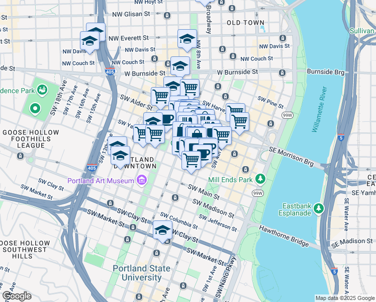 map of restaurants, bars, coffee shops, grocery stores, and more near 811 Southwest 6th Avenue in Portland