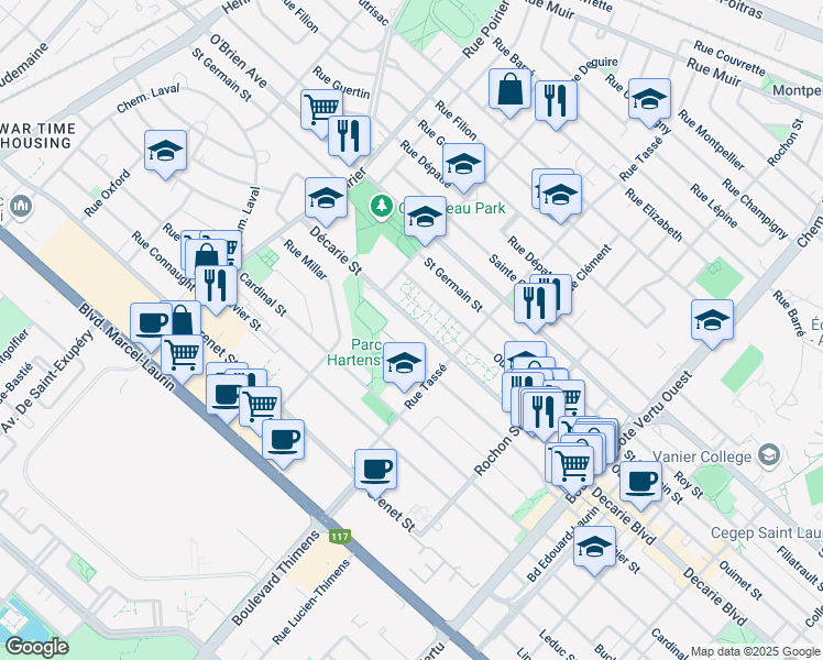 map of restaurants, bars, coffee shops, grocery stores, and more near 1500 Rue Décarie in Montréal