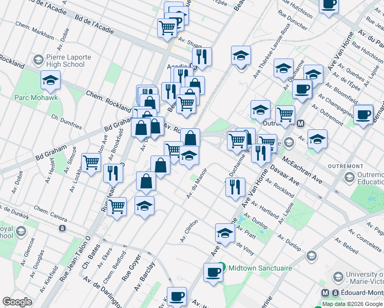 map of restaurants, bars, coffee shops, grocery stores, and more near 30 Chemin Bates in Montréal