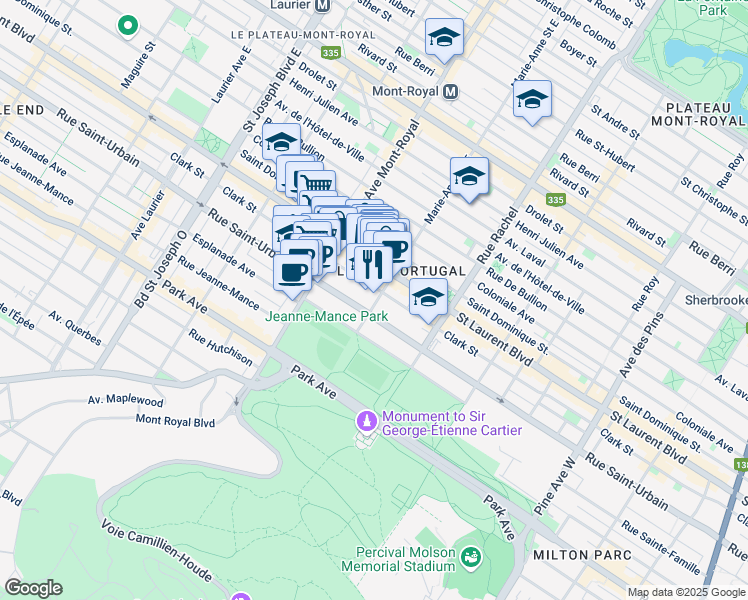 map of restaurants, bars, coffee shops, grocery stores, and more near 77 Rue Marie-Anne Ouest in Montréal