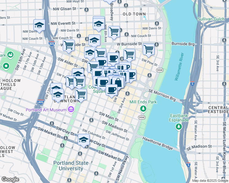 map of restaurants, bars, coffee shops, grocery stores, and more near in Portland