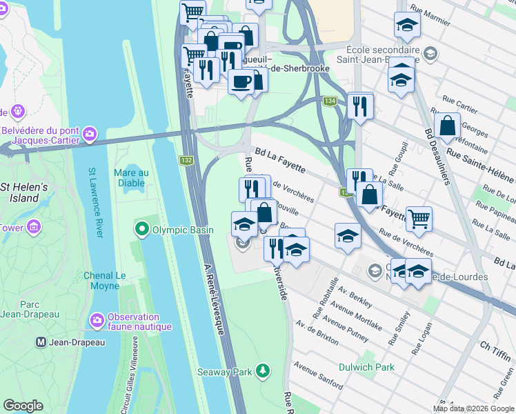 map of restaurants, bars, coffee shops, grocery stores, and more near 1414 Rue Saint-Charles Ouest in Longueuil