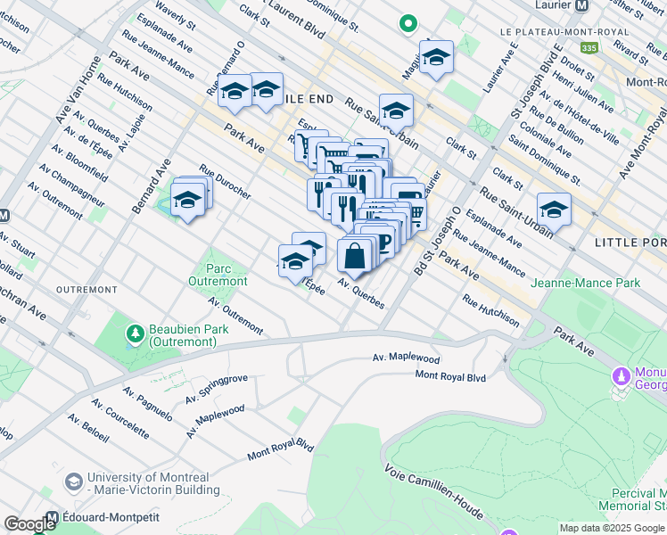 map of restaurants, bars, coffee shops, grocery stores, and more near 1090 Avenue Fairmount Ouest in Montréal