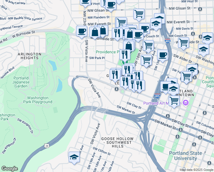 map of restaurants, bars, coffee shops, grocery stores, and more near 2048 Southwest Jefferson Street in Portland