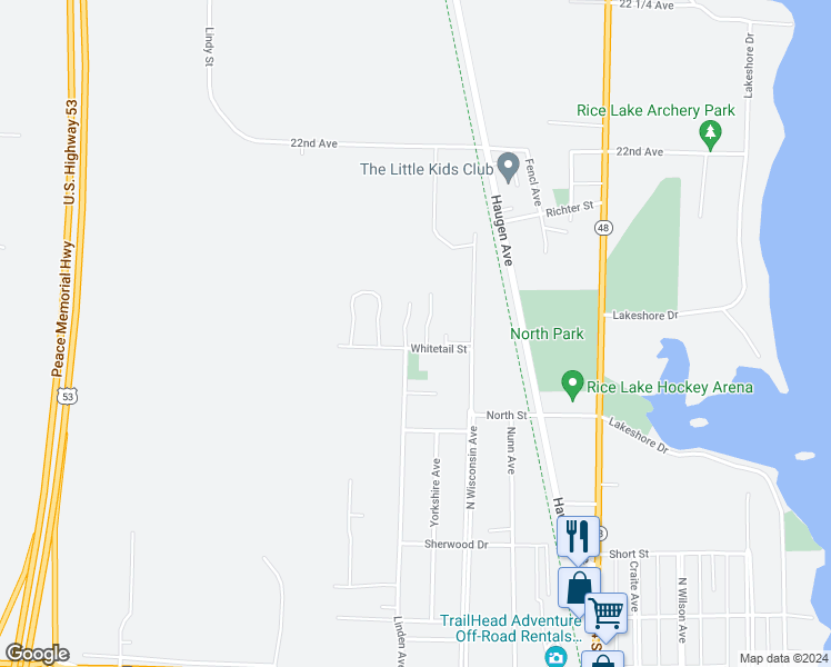 map of restaurants, bars, coffee shops, grocery stores, and more near 821 Whitetail Street in Rice Lake