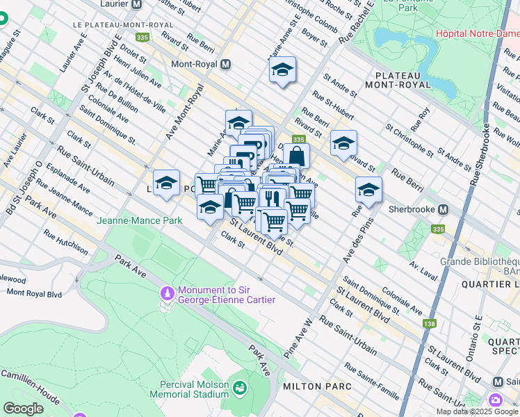 map of restaurants, bars, coffee shops, grocery stores, and more near Avenue Coloniale in Montréal