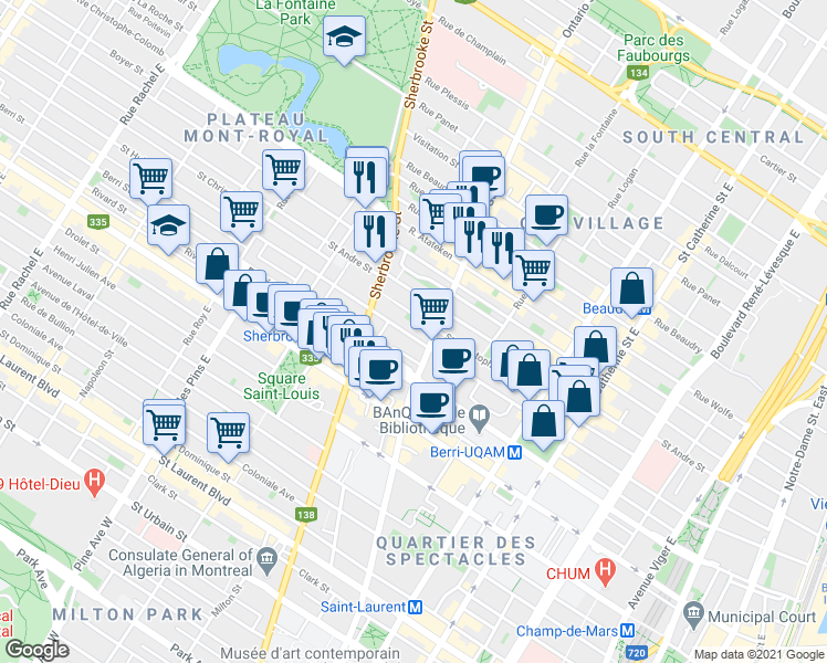 map of restaurants, bars, coffee shops, grocery stores, and more near 2031 Rue Saint-Hubert in Montréal