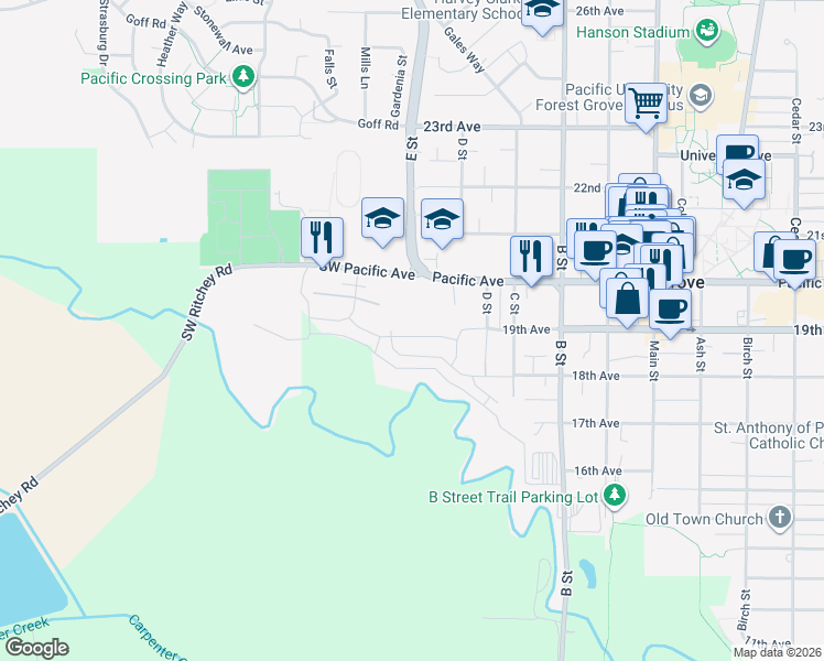 map of restaurants, bars, coffee shops, grocery stores, and more near 1520 Pacific Avenue in Forest Grove