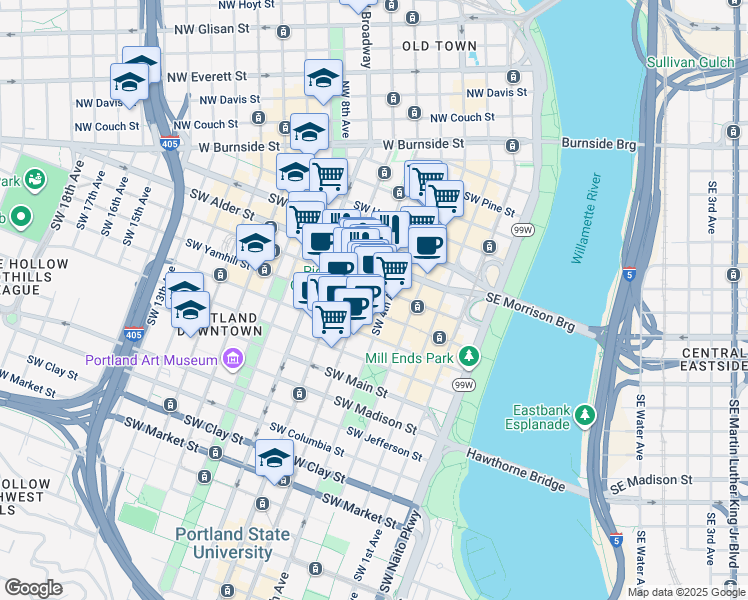 map of restaurants, bars, coffee shops, grocery stores, and more near 700 Southwest 5th Avenue in Portland