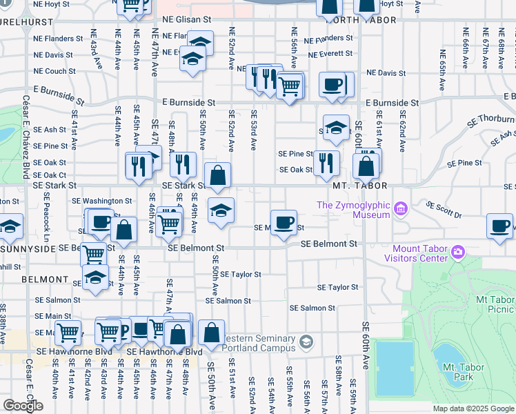 map of restaurants, bars, coffee shops, grocery stores, and more near 510 Southeast 53rd Avenue in Portland